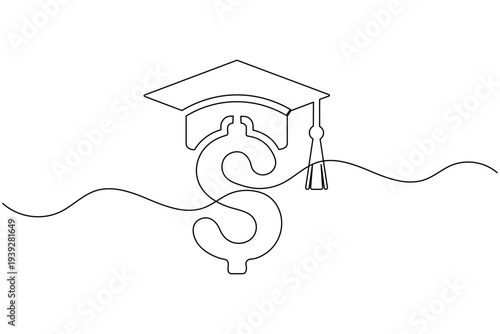 Dollar sign with graduation cap continuous one line drawing and isolated outline vector illustration
