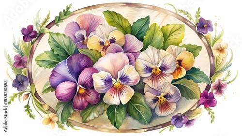 Watercolor Floral Arrangement with Pansies in Oval Frame for Greetings and Invitation