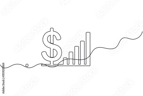 Dollar sign with profit bar chart continuous one line drawing and isolated outline vector illustration
