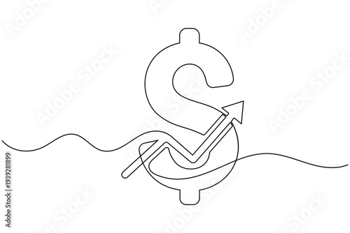 Dollar sign with rising stock arrow continuous one line drawing and isolated outline vector illustration