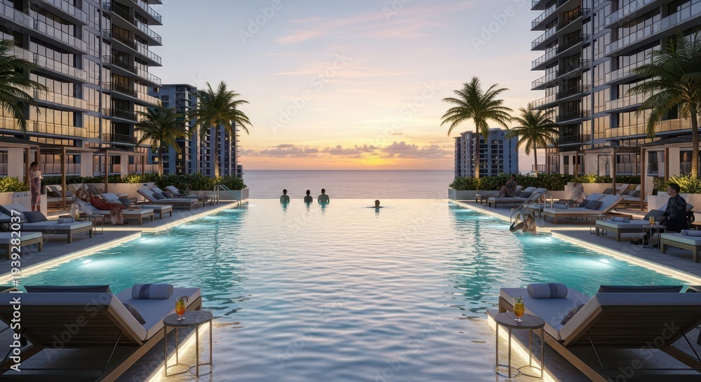 Fototapeta premium Luxurious high rise residential pool deck overlooks the ocean during a tranquil sunset