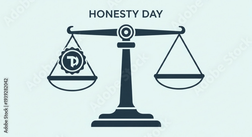 Scales of justice with coin on honesty day symbolizing fairness and integrity in a light green background