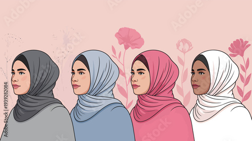 Diverse Women Wearing Hijabs Standing Together in Pink Background with Flowers
