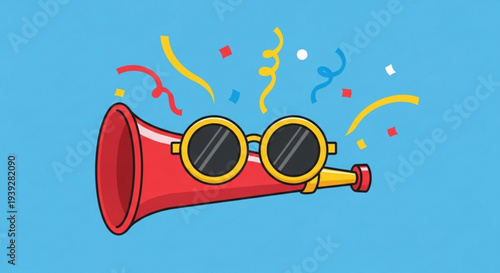 Red party horn with sunglasses and colorful confetti streamers on a blue background festive celebration vibrant party decoration