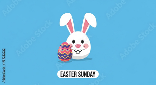 Happy easter sunday illustration with cute cartoon bunny and colorful egg on blue background perfect for spring holiday greeting cards and festive designs
