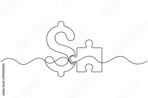 Dollar puzzle piece continuous one line drawing of isolated outline financial solution vector illustration 