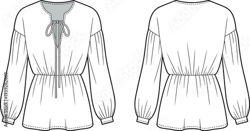 MobileTechnical fashion flat sketch of a women's utility safari mini dress featuring a notched collar chest pockets and belted waist for tech packs