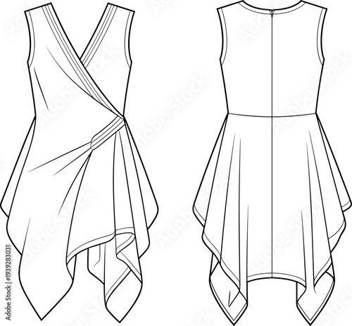 MobileTechnical fashion flat sketch of a women's sleeveless wrap dress featuring a v-neckline and asymmetrical handkerchief hem for apparel tech packs