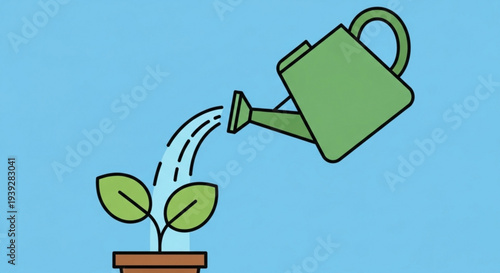 Green watering can pouring water onto a small potted plant with two leaves against a light blue background symbolizing growth and nurturing