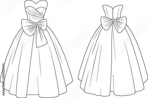 Art & IllustrationTechnical Fashion Flat Sketch of a Women's Strapless Sweetheart Ball Gown Featuring a Ruched Bodice, Oversized Bow Waist Detail, and Full A-Line Skirt