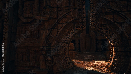 dark ancient temple corridor glowing with scattered embers across ornate stone floor, circular archway carved with intricate reliefs opens into shadowed inner