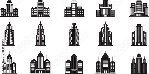 Modern City Skyscraper Silhouettes and Office Building Vector Icon Set for Urban Architecture and Corporate Business District Design