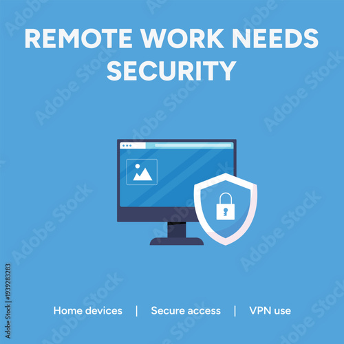 Vector illustration emphasizing necessary digital security measures for remote work setups including home devices secure access and proper VPN usage for data protection