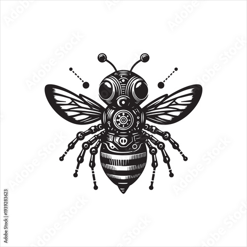 Detailed black and white vector illustration of a steampunk bee with mechanical components on a clean white background.