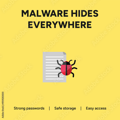 Cybersecurity warning vector illustration featuring a hidden computer bug icon emerging from a digital document against a bright yellow background to signify data threats.