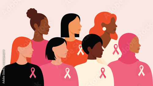 Diverse Women Wearing Pink Ribbons for Breast Cancer Awareness