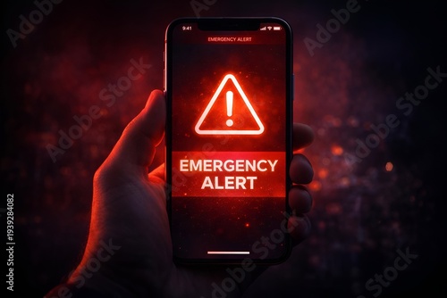 A hand holding a smartphone with an emergency alert on the screen