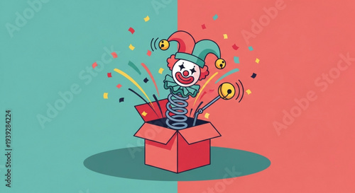 Surprised clown emerging from cardboard box with colorful confetti and spring effect in playful illustration
