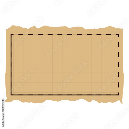 Blank torn edge parchment map template with grid and nautical border. Vector illustration for custom fantasy world maps, tactical battle grids, ancient treasure maps
