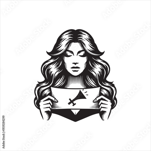 A woman with long hair holding a vector illustration design with logos and a logo on it against a clean white background.