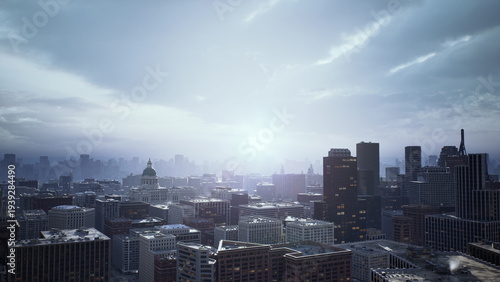 bright sunrise metropolis skyline with gleaming glass facades, reflective riverfront and busy bridge aerial panorama showing financial towers, transit