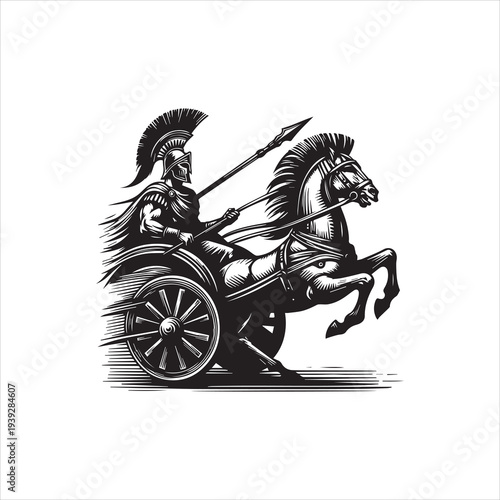 Black and white vector illustration of a Roman warrior riding a horse-drawn chariot with a spear, against a clean white background.