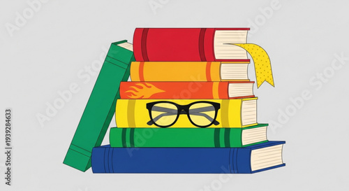 Colorful stack of books with eyeglasses on top leaning against a pile of hardcover novels on a gray background