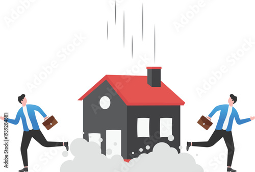 Business Team Running from Falling House