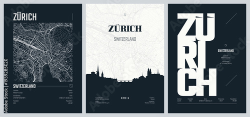 Detailed urban street plan city map Zurich the largest city in Switzerland, Silhouette city skyline, Set of travel posters, vector artwork set 2
