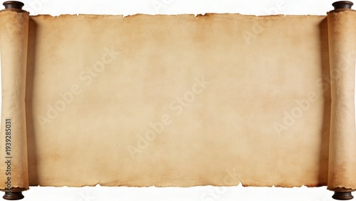 features a vintage-style, horizontal parchment scroll with a weathered appearance. The scroll is unrolled, revealing a blank, aged surface with a light brown color and darker edges, giving it an antiq