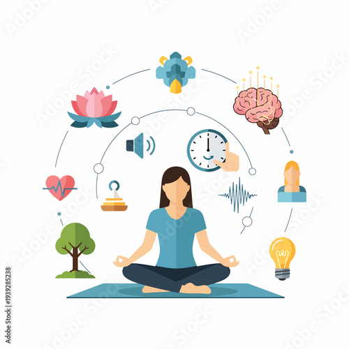 Woman Meditating with Mindfulness Icons