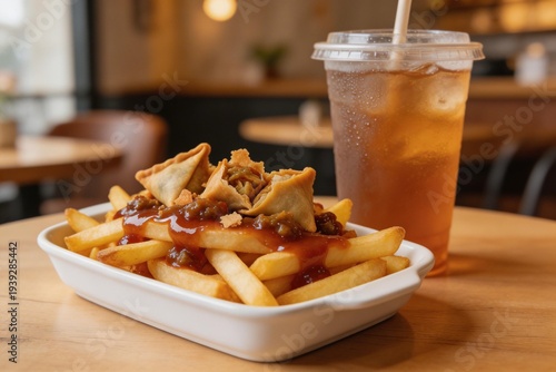 Basket of crispy golden French fries with Ketchup, Crispy Golden French Fries in a Rustic Metal Basket with Tomato Ketchup, A white plastic bowl of French fries.
