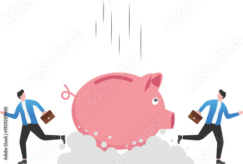 Business Team Running from Falling Piggy Bank