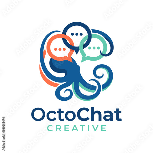 An artistic logo for a creative chat service, featuring a stylized octopus entwined around speech bubbles, symbolizing communication and connection in a fun way.