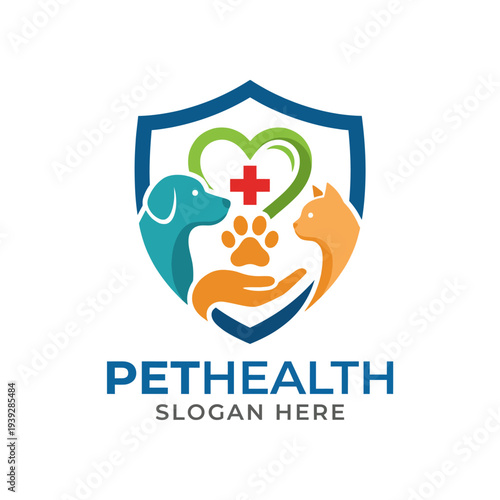 This image showcases a colorful logo design representing pet health, featuring a dog, cat, a heart symbol, and a paw print, embodying care for beloved pets.