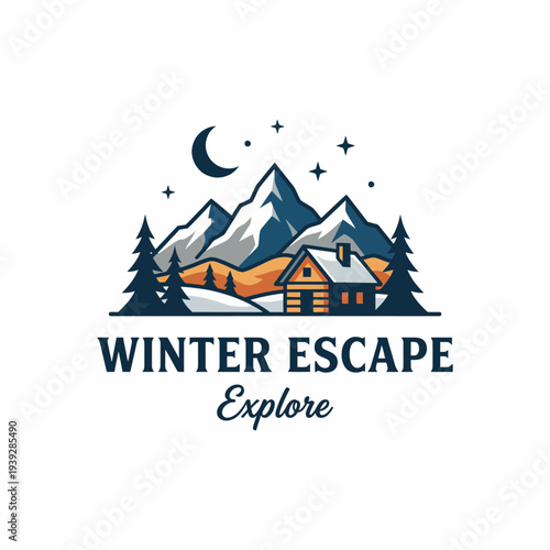 This image depicts a scenic logo for a winter getaway, featuring majestic mountains, a cozy cabin, and a starry night sky, embodying tranquility and adventure.