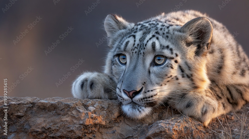 Fototapeta premium Snow leopard rests on weathered stone