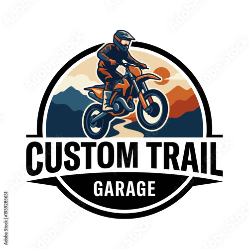 A retro-inspired logo featuring a motocross biker performing an exciting jump against a stunning mountain backdrop, capturing adrenaline and adventure.