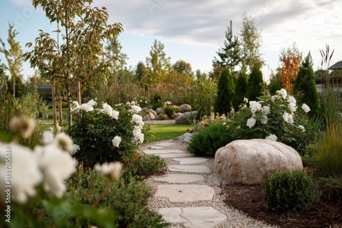 Terraced home garden and stone retaining walls, landscape design of luxury house back yard. Panoramic banner with beautiful backyard. Concept of landscaping, flower, nature