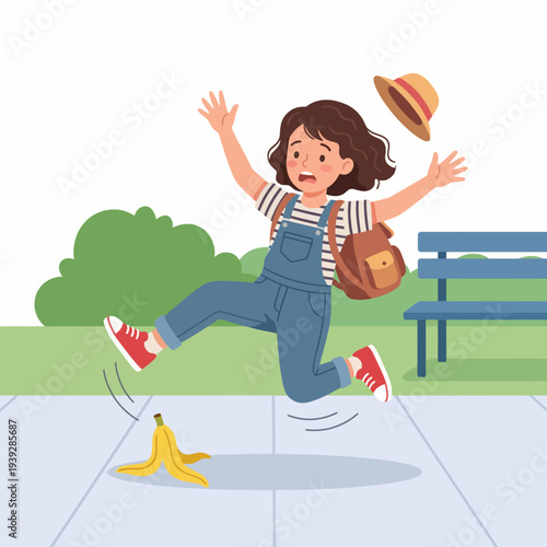 A humorous cartoon illustration of a girl in overalls, about to slip on a banana peel, depicting a playful and relatable moment of surprise and clumsiness.