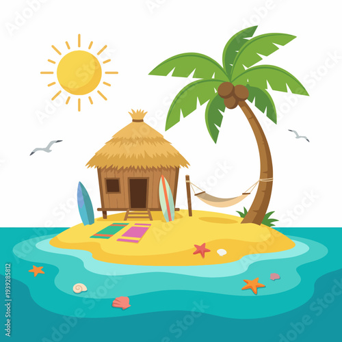A picturesque tropical island scene featuring a straw hut and palm trees, capturing the essence of vacation bliss and serene beach life under a bright sun.
