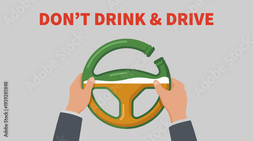 A cautionary image showing a steering wheel with a drink beside it, delivering a vital message to raise awareness about the dangers of drinking and driving to save lives.