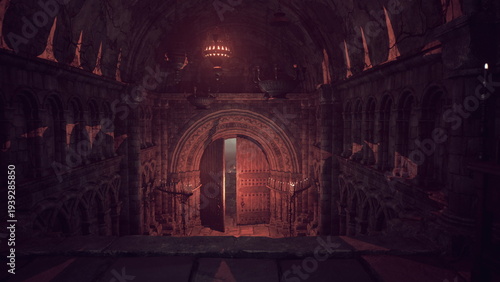 Fotografia A hauntingly lit chamber features intricate stone architecture, towering arches, and a massive wooden door slightly ajar