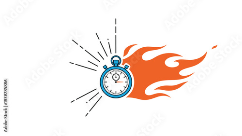 Blue stopwatch with fire flames trailing behind it indicating speed, fast performance, and urgent time on a white background.