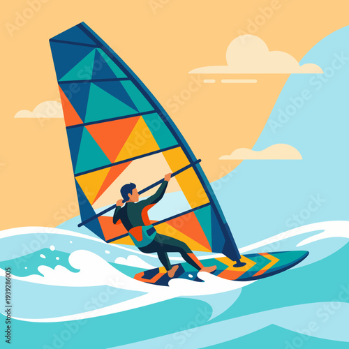 An engaging illustration of a person windsurfing in vibrant colors, highlighting the thrill of water sports. Perfect for promoting outdoor activities and adventure lifestyles.