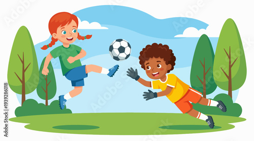 A vibrant illustration of children playing soccer in a park setting, promoting physical activity and joy in childhood. Ideal for sports and family-oriented projects.