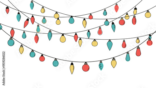 Multiple strings of colorful Christmas lights in various shapes including round and teardrop hanging against a white background.