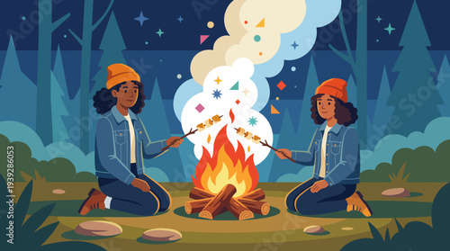 A cozy illustration of two friends sitting by a campfire, enjoying the warmth amidst nature while roasting marshmallows, creating memories together under the stars.