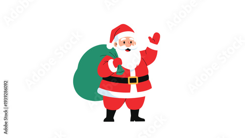 Jolly Santa Claus character waving with one hand while carrying a large green sack of gifts over his shoulder on a white background.