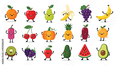 Collection of various cute cartoon fruit characters with happy faces and arms arranged in three rows on a white background.